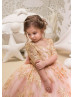Elbow Sleeves Gold Lace Tulle Long Flower Girl Dress